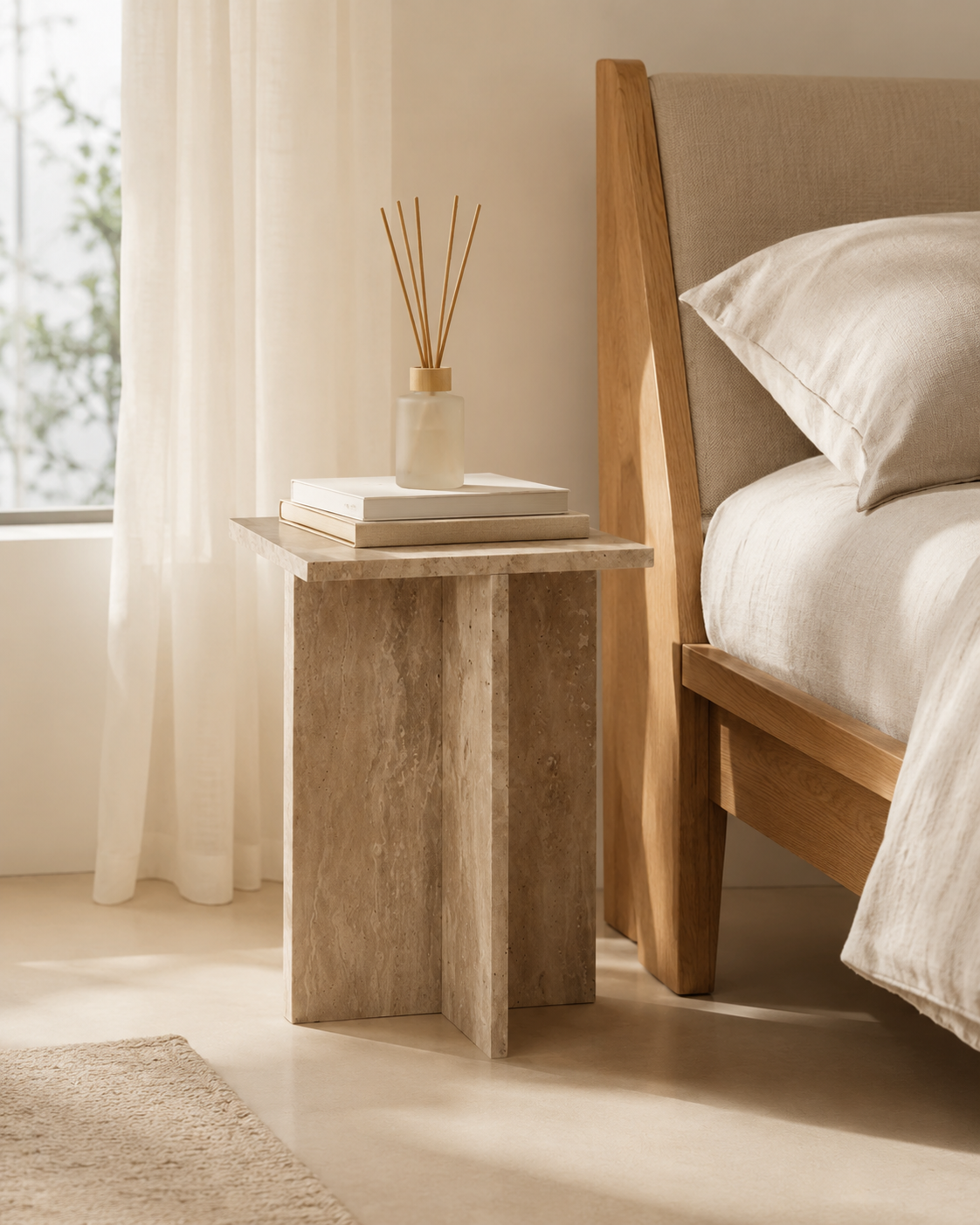 CANOVA beige travertine side table by DEKATO LIVING beside a sculptural lounge chair in a warm contemporary interior