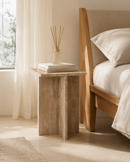 CANOVA beige travertine side table by DEKATO LIVING beside a sculptural lounge chair in a warm contemporary interior