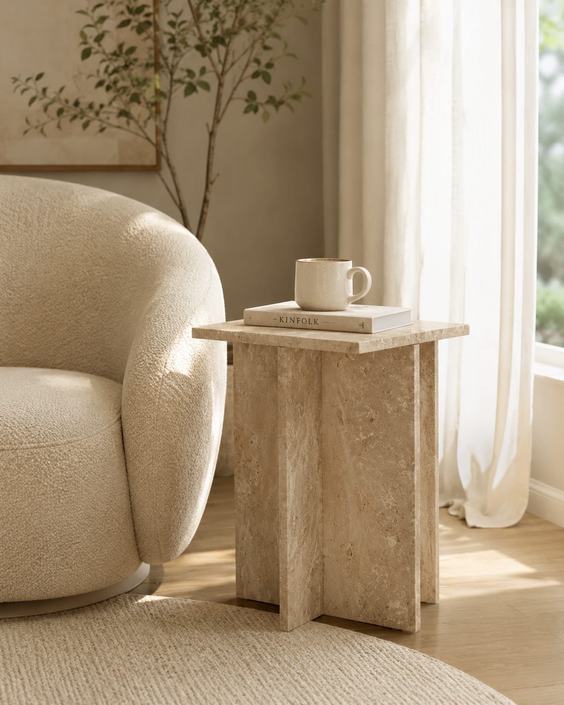 CANOVA square travertine side table by DEKATO LIVING styled with books and a vase in a warm neutral living room