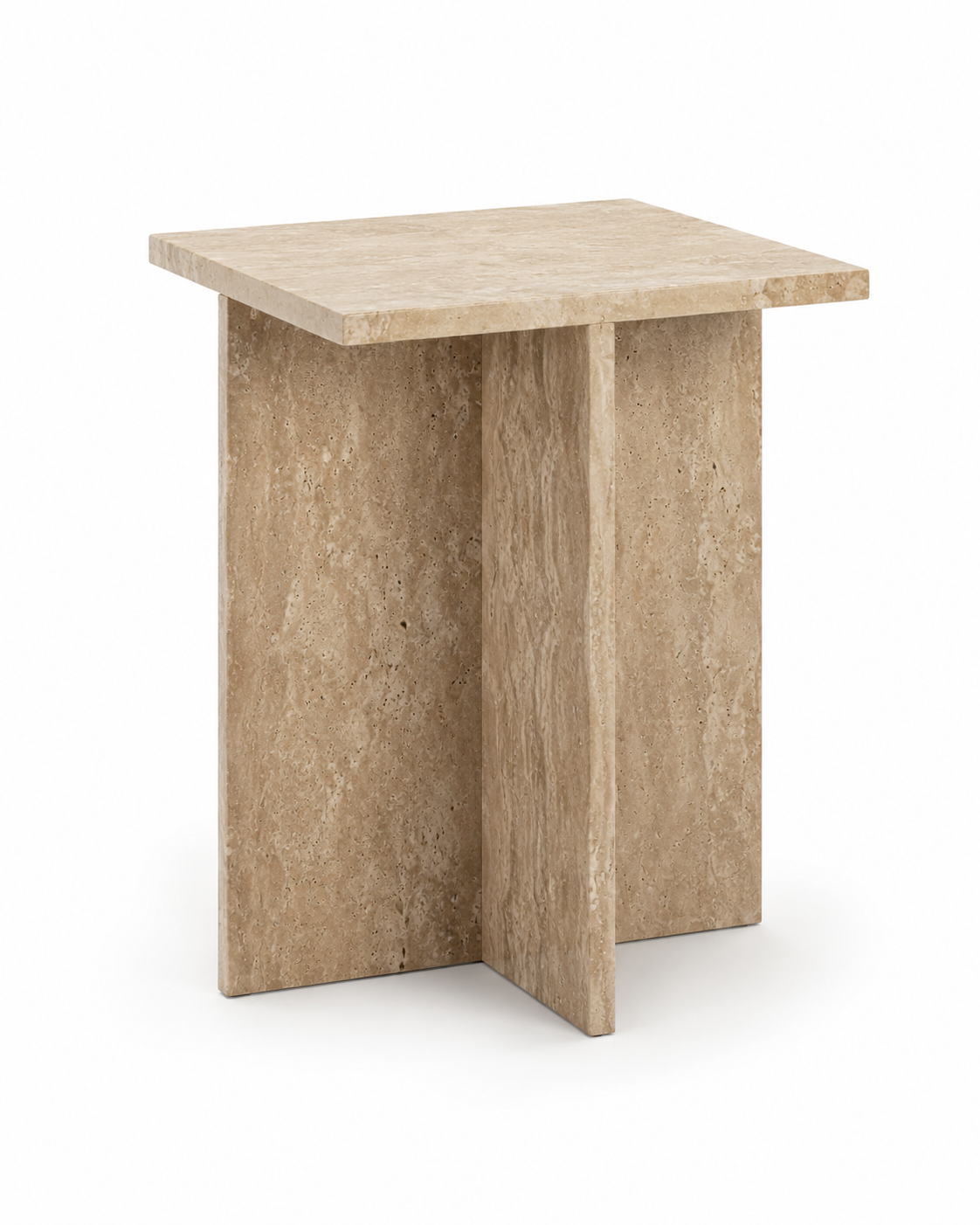 CANOVA beige travertine side table by DEKATO LIVING styled beside a curved cream sofa in a warm contemporary living room