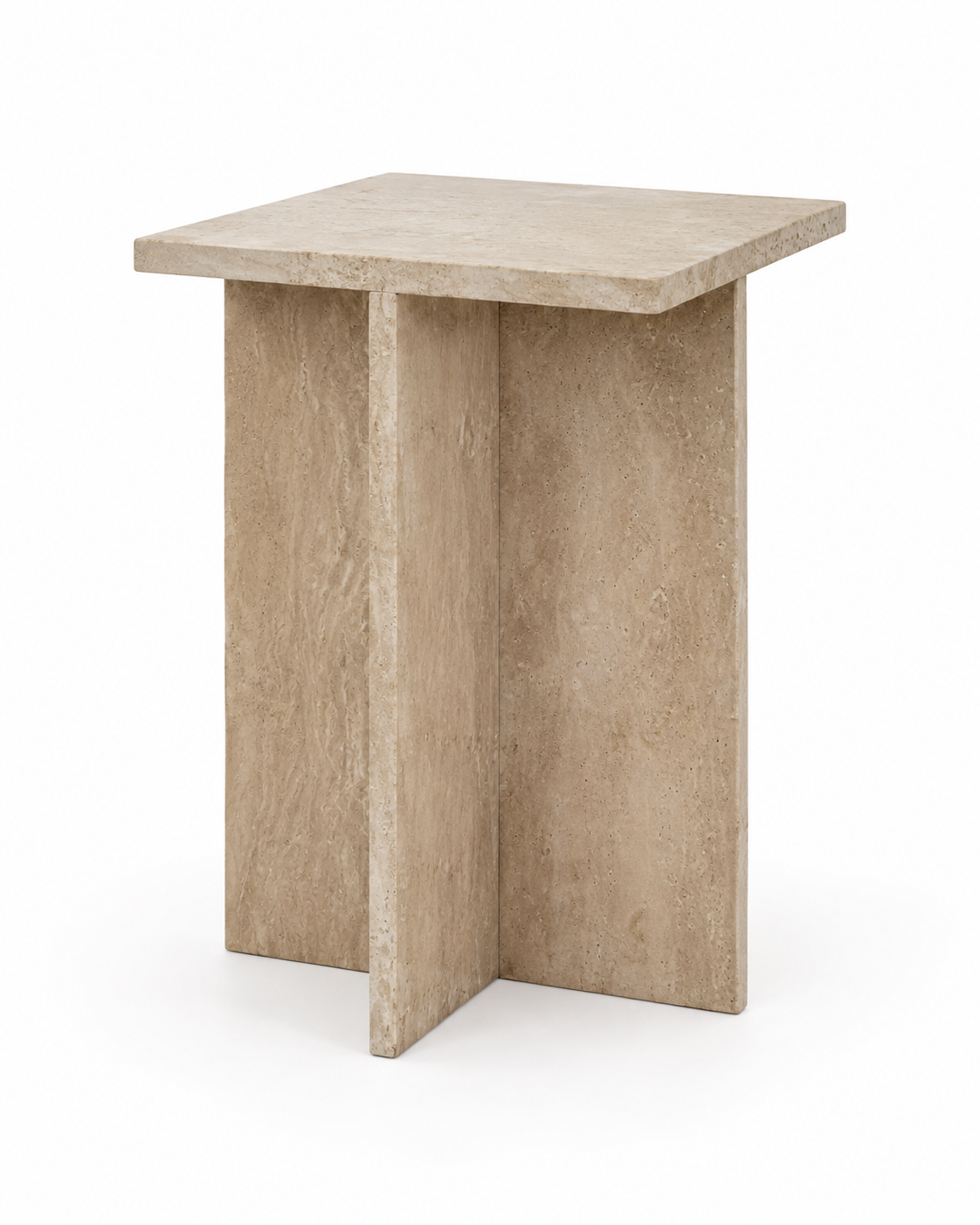 CANOVA sculptural beige travertine side table by DEKATO LIVING on a clean white background