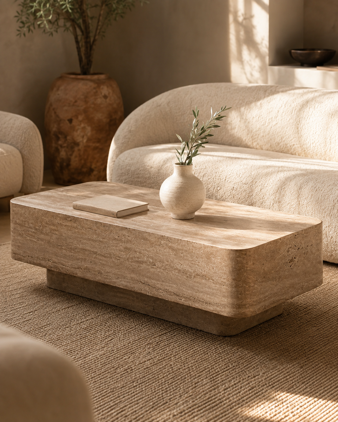 ECHO travertine-finish coffee table by DEKATO LIVING in a warm contemporary living room
