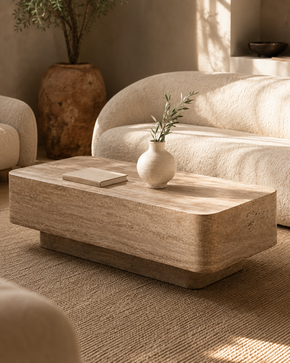 ECHO travertine-finish coffee table by DEKATO LIVING in a warm contemporary living room