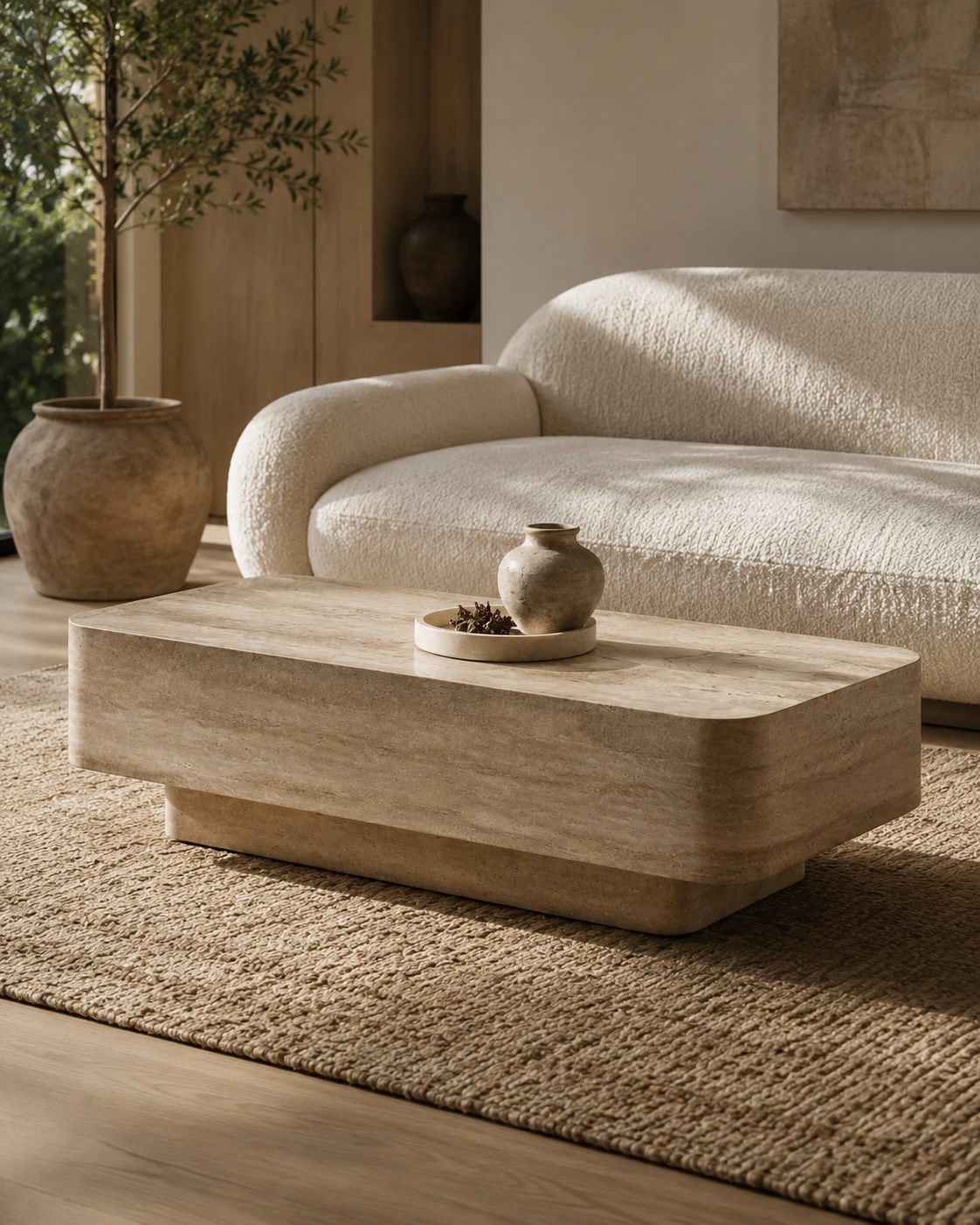 ECHO rectangular travertine-finish coffee table by DEKATO LIVING styled in a softly lit living room