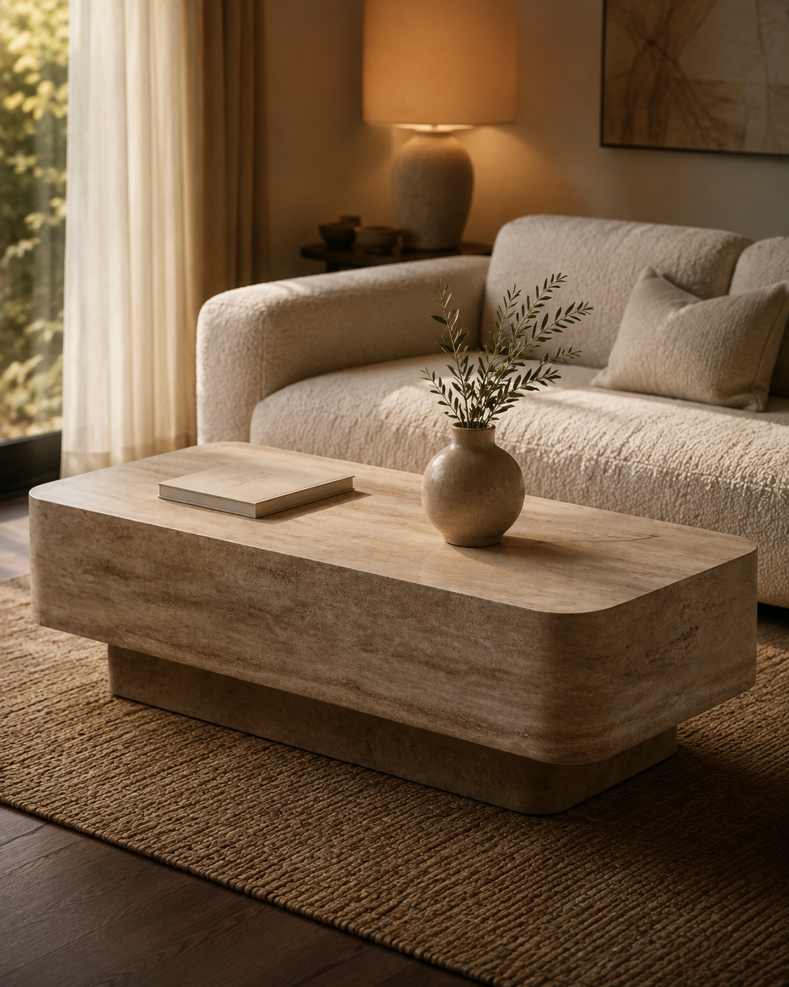 ECHO sculptural travertine-finish coffee table by DEKATO LIVING in warm evening light
