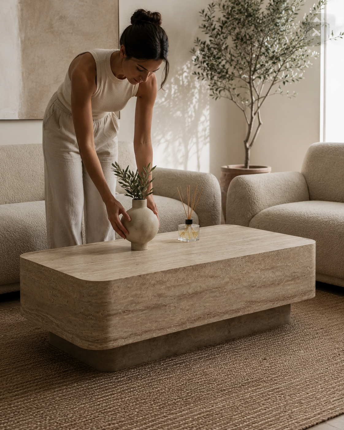 ECHO coffee table by DEKATO LIVING styled with a woman arranging a vase in a contemporary living room