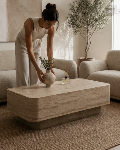 ECHO coffee table by DEKATO LIVING styled with a woman arranging a vase in a contemporary living room