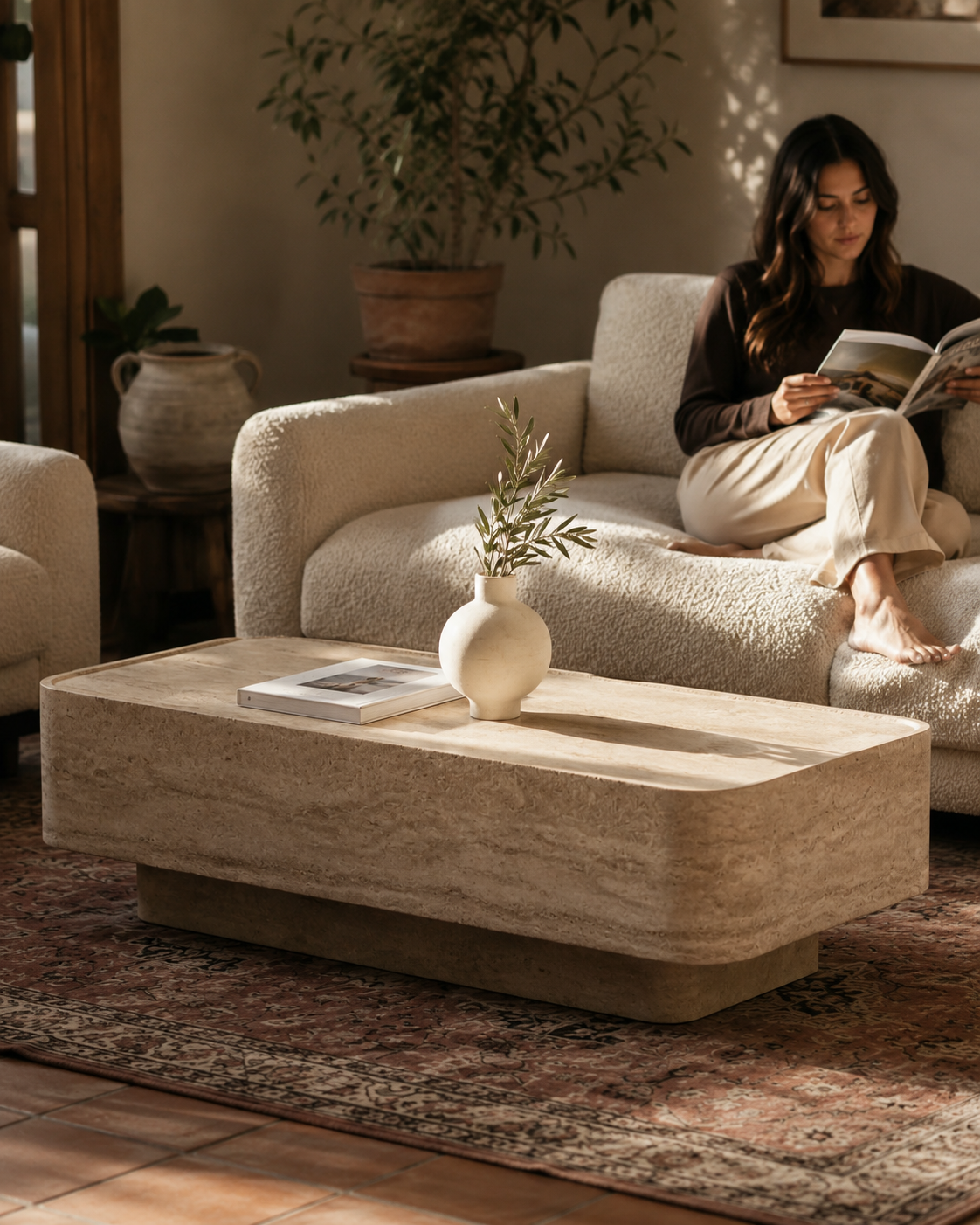 ECHO travertine-finish coffee table by DEKATO LIVING with a woman reading in a warm living room