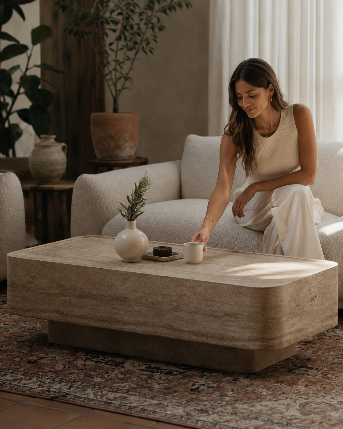 ECHO coffee table by DEKATO LIVING styled with a woman placing a cup in a relaxed contemporary interior