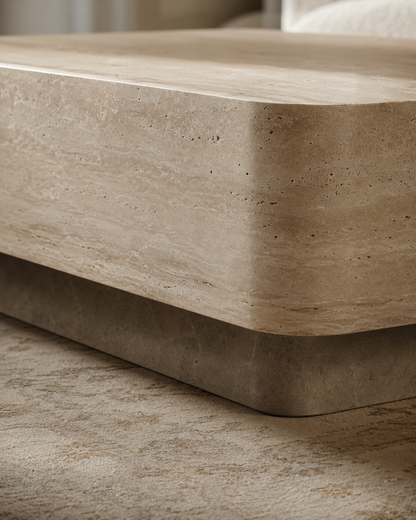 Detail view of ECHO travertine-style finish and recessed base by DEKATO LIVING
