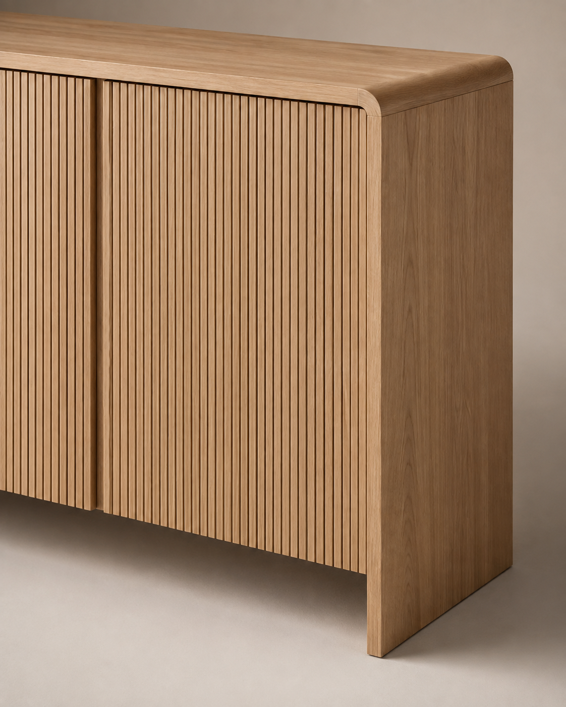 ELLE sideboard by DEKATO LIVING close-up of rounded engineered wood frame and slatted doors