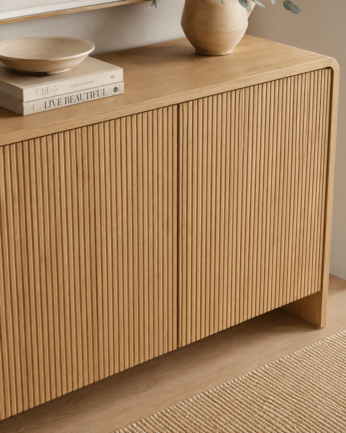 ELLE fluted ashwood sideboard by DEKATO LIVING close-up of vertical slatted door detail