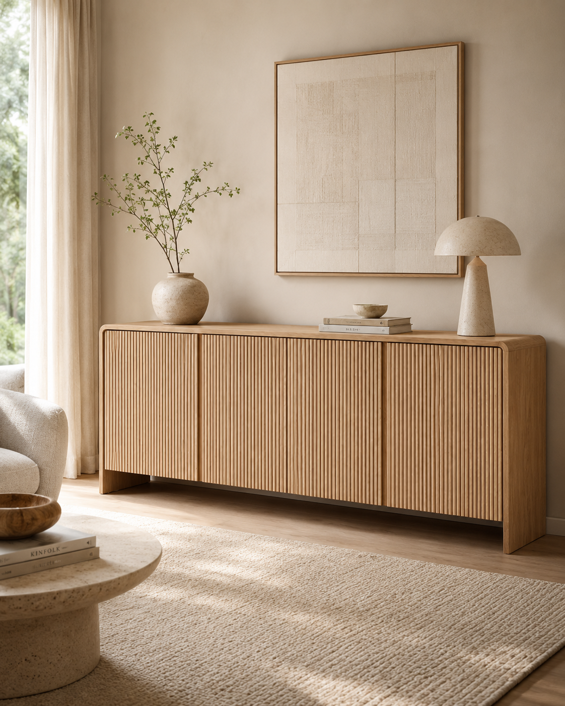 ELLE engineered wood sideboard by DEKATO LIVING styled in neutral living room
