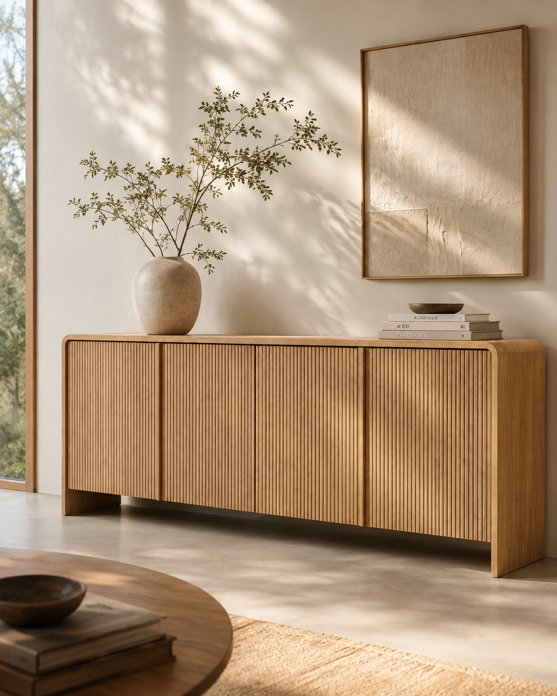 ELLE fluted ashwood sideboard by DEKATO LIVING in sunlit contemporary living room