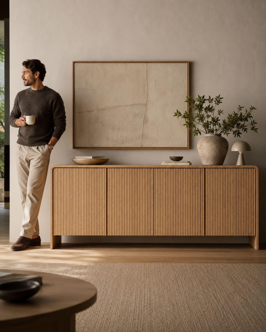 ELLE sideboard by DEKATO LIVING styled with man in contemporary living room