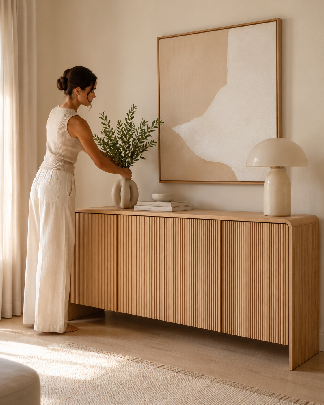 ELLE ashwood slatted sideboard by DEKATO LIVING styled with woman at home