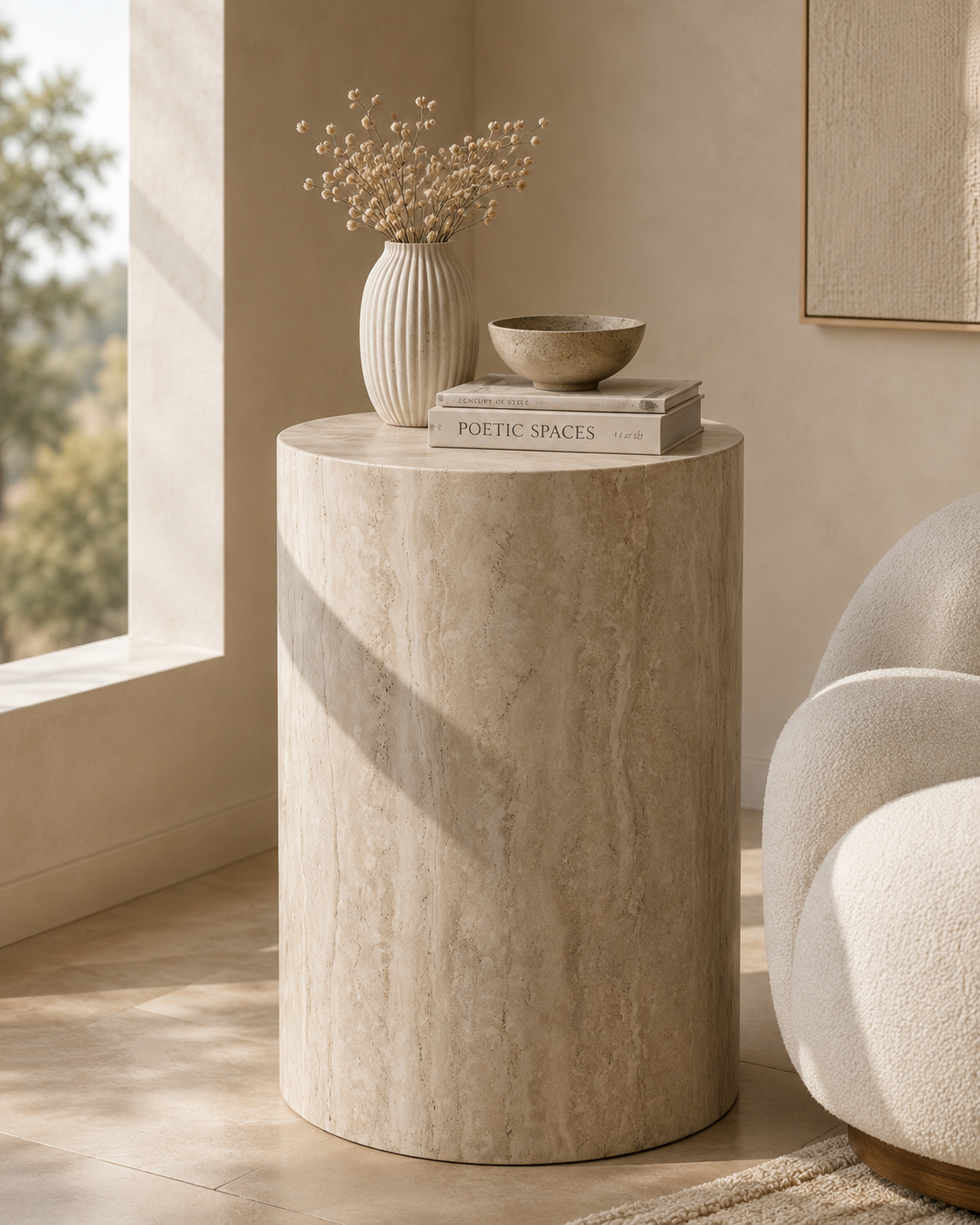 ORLO cylindrical natural travertine side table by DEKATO LIVING styled beside a cream lounge chair in a warm neutral interior