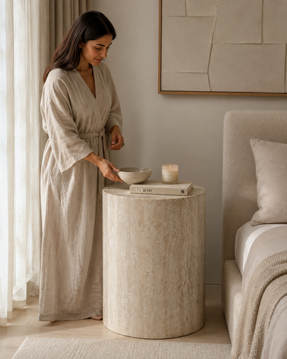 ORLO cylindrical beige travertine bedside table by DEKATO LIVING with a woman styling a calm neutral bedroom