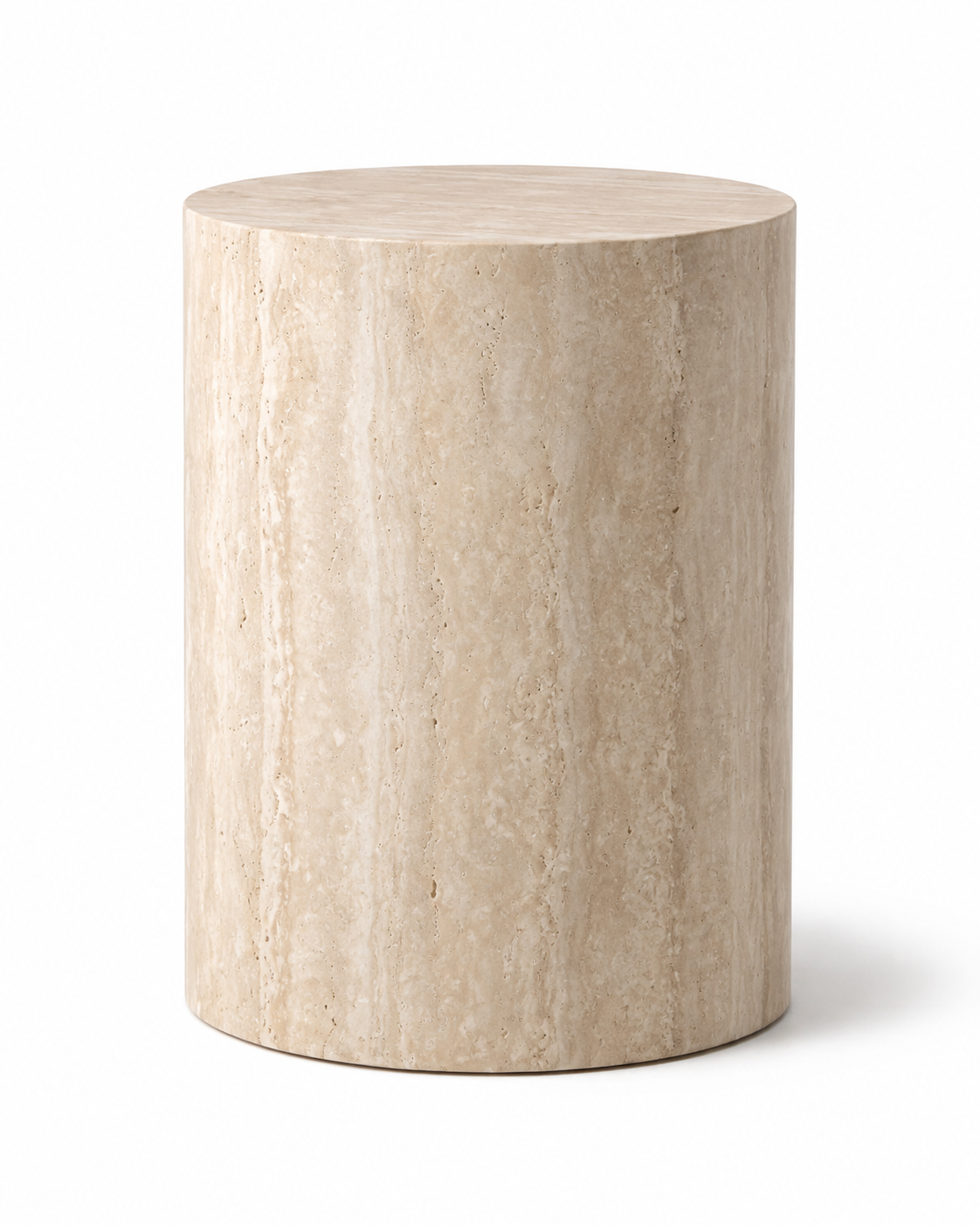 ORLO cylindrical natural travertine side table by DEKATO LIVING isolated on a clean white background