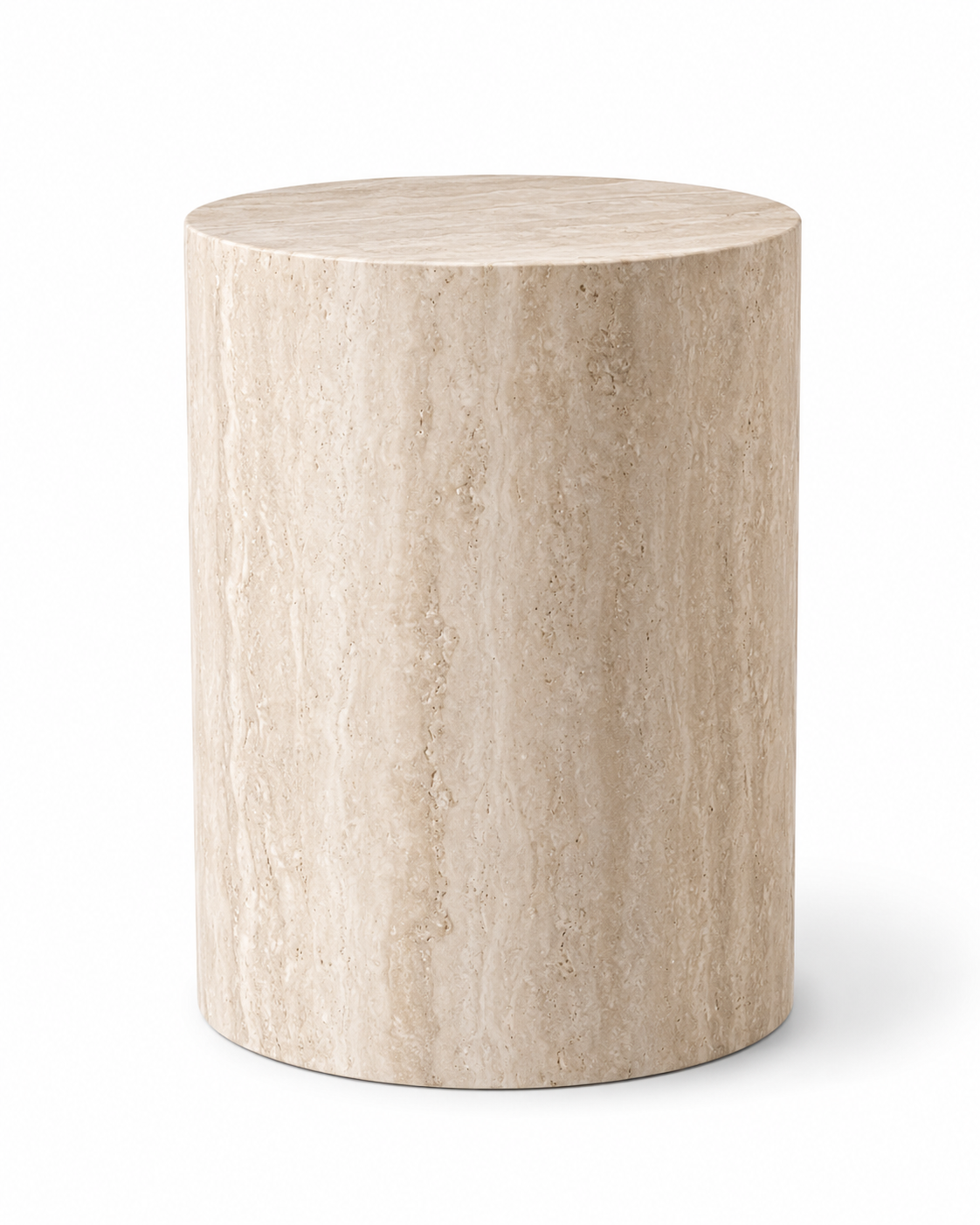 ORLO beige travertine cylindrical plinth by DEKATO LIVING on a white studio background
