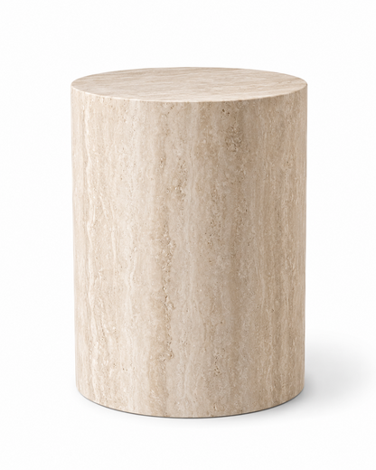ORLO beige travertine cylindrical plinth by DEKATO LIVING on a white studio background