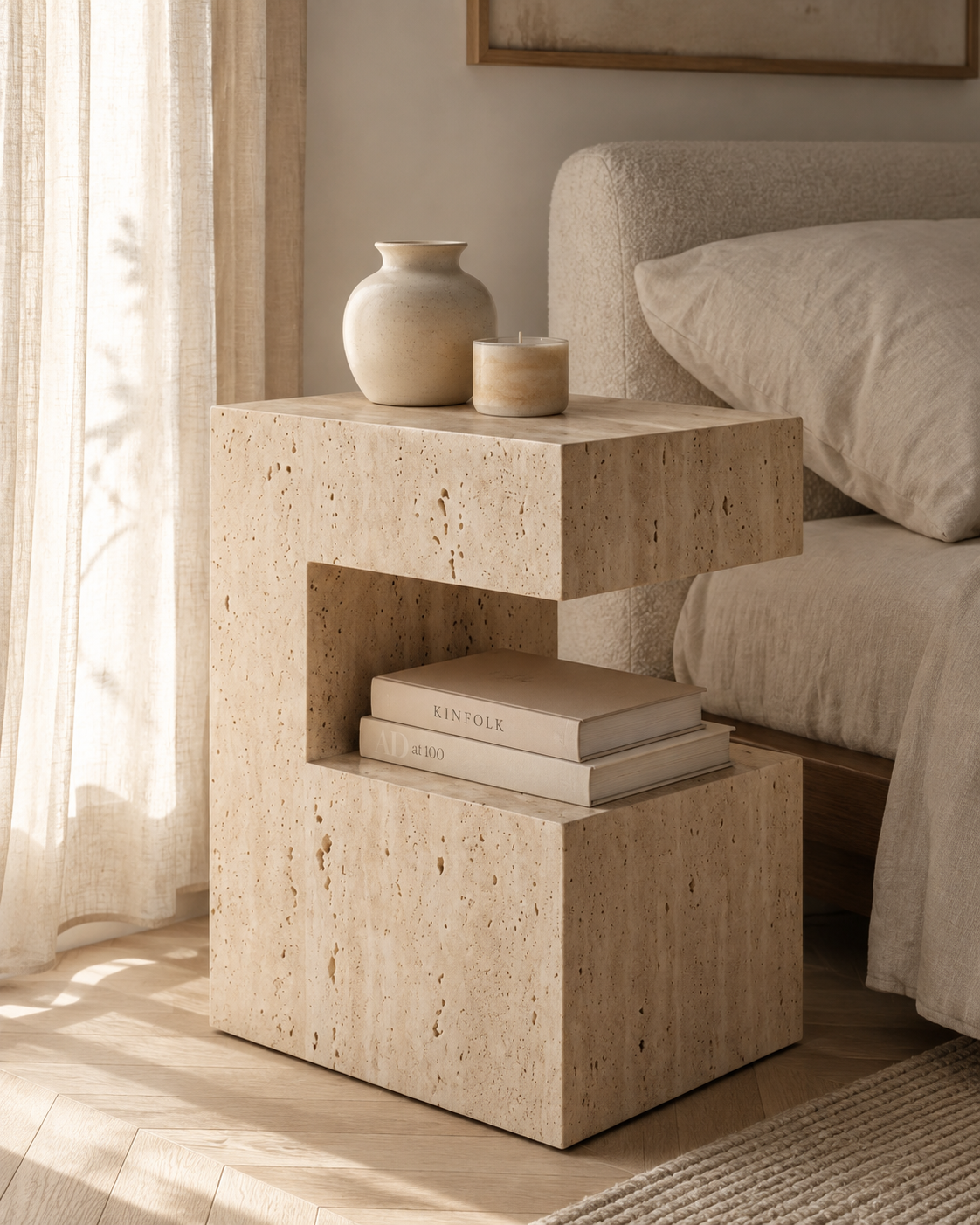 PIETRA beige travertine bedside table by DEKATO LIVING with a woman styling a diffuser in a softly lit bedroom