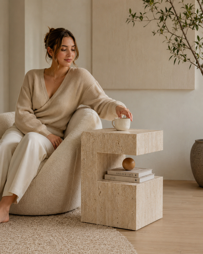 Close-up of PIETRA natural travertine side table by DEKATO LIVING showing the upper slab and open shelf