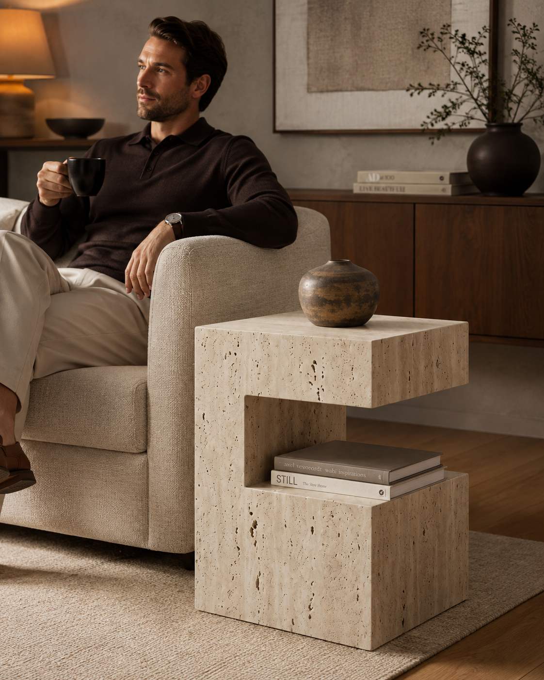 PIETRA sculptural natural travertine side table by DEKATO LIVING with open shelf on a white background