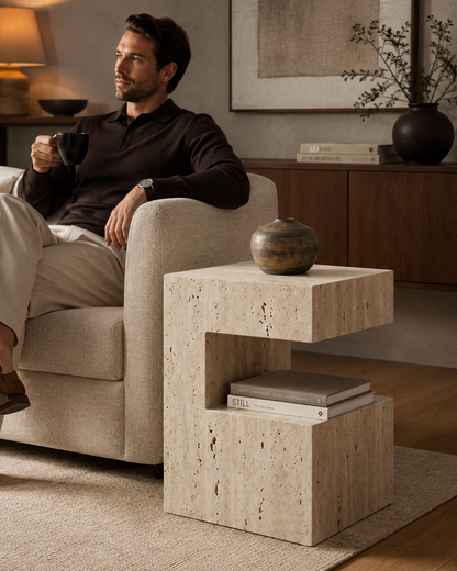 PIETRA sculptural natural travertine side table by DEKATO LIVING with open shelf on a white background