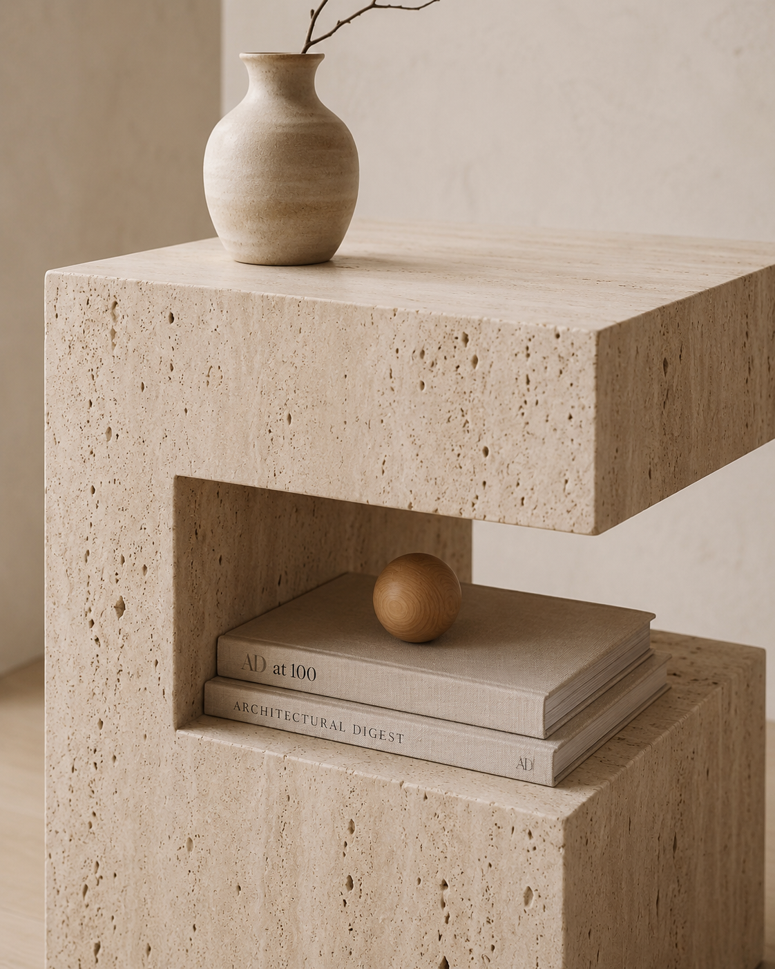 PIETRA natural beige travertine side table by DEKATO LIVING isolated on a clean white background