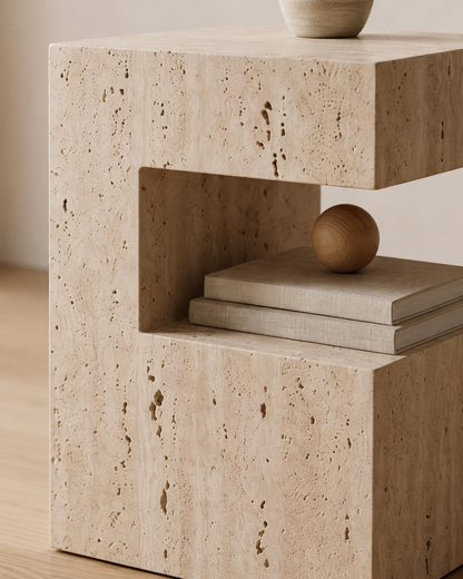 PIETRA travertine side table by DEKATO LIVING styled beside a sculptural cream lounge chair in a warm neutral interior