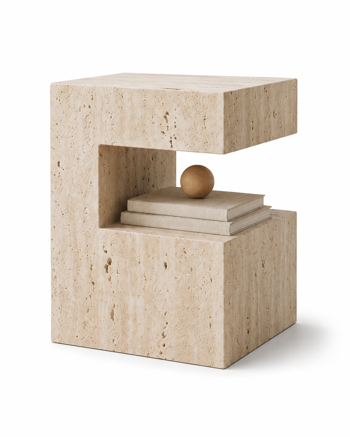 PIETRA natural travertine side table by DEKATO LIVING styled as a bedside table in a softly lit bedroom