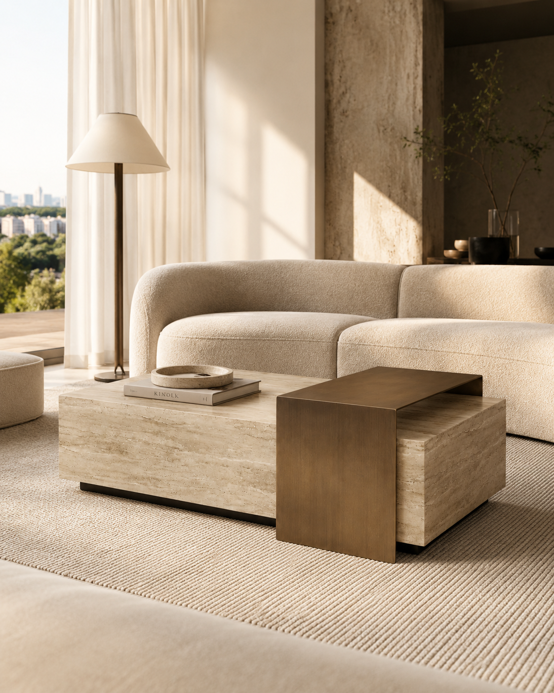 ROCHE travertine-look coffee table with brushed brass bridge by DEKATO LIVING in a warm contemporary living room