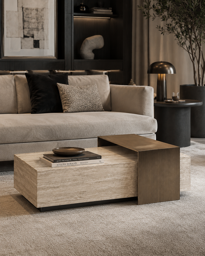 ROCHE rectangular travertine-look coffee table by DEKATO LIVING styled in a dark sophisticated living room