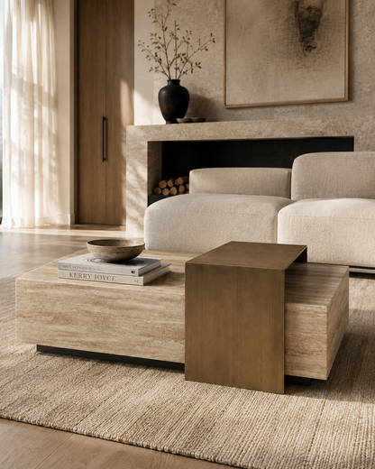 ROCHE travertine-look coffee table with elevated brushed brass element by DEKATO LIVING in a sunlit lounge