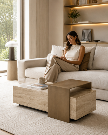 ROCHE travertine-look coffee table by DEKATO LIVING with a woman writing in a bright contemporary living room