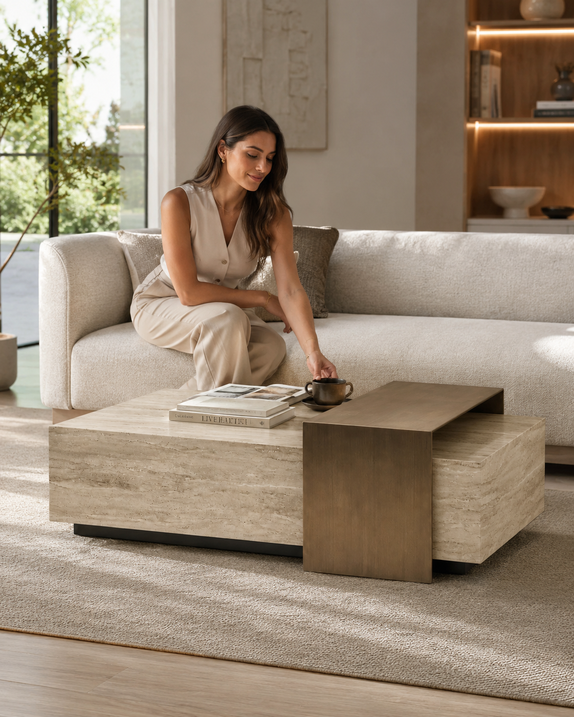 ROCHE coffee table by DEKATO LIVING with a woman enjoying coffee in a refined neutral living room