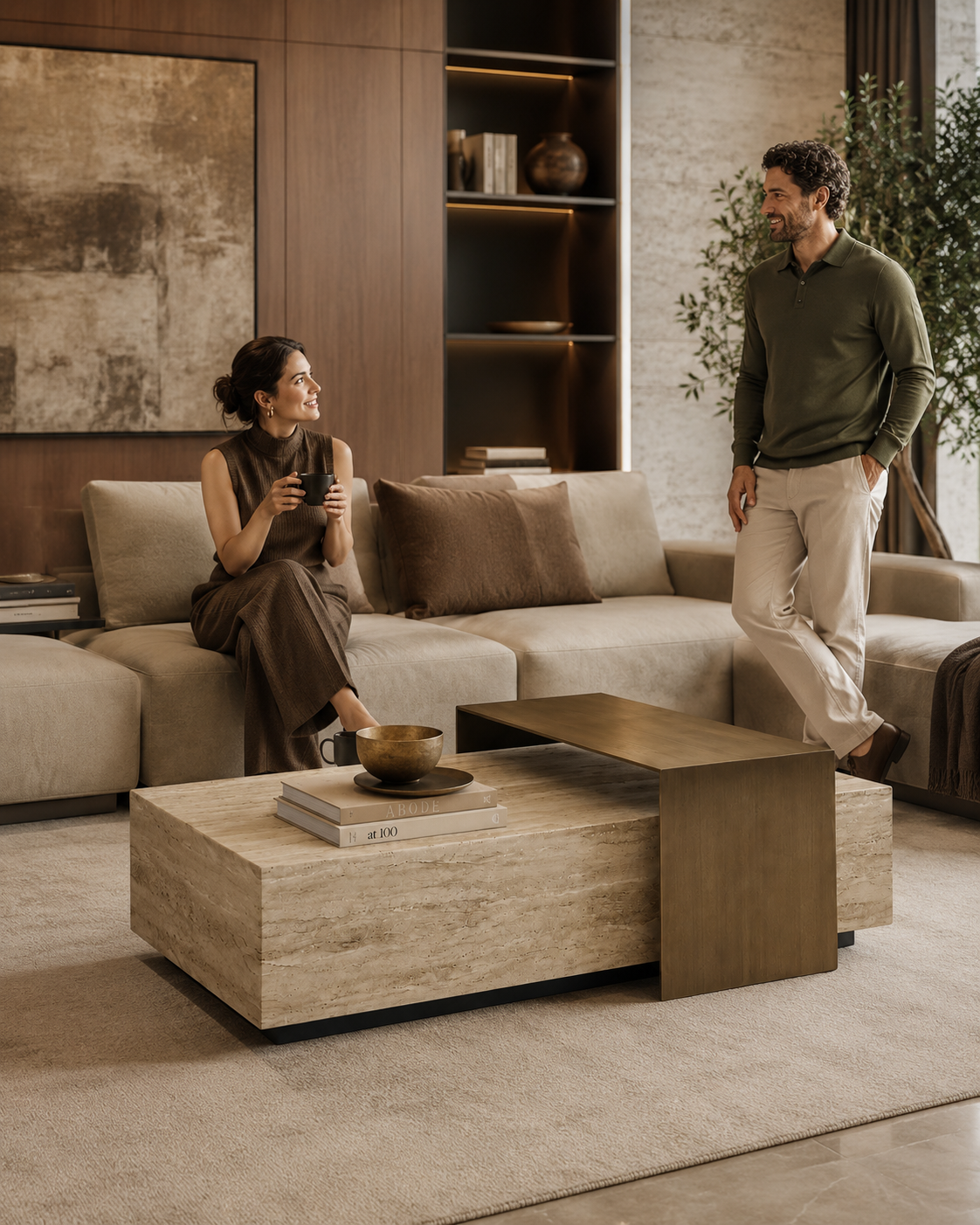 ROCHE travertine-look and brushed brass coffee table by DEKATO LIVING styled for relaxed entertaining