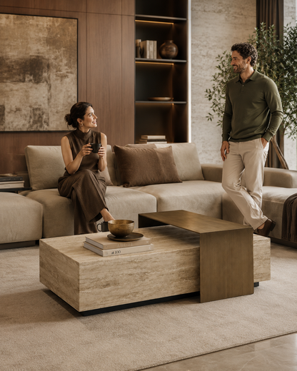 ROCHE travertine-look and brushed brass coffee table by DEKATO LIVING styled for relaxed entertaining