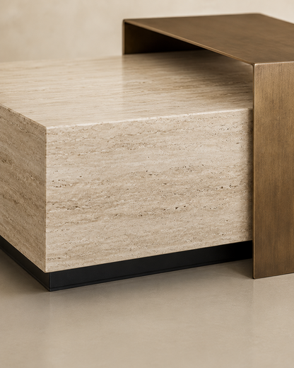Detail view of ROCHE travertine-effect ceramic body, black base and brushed brass element by DEKATO LIVING