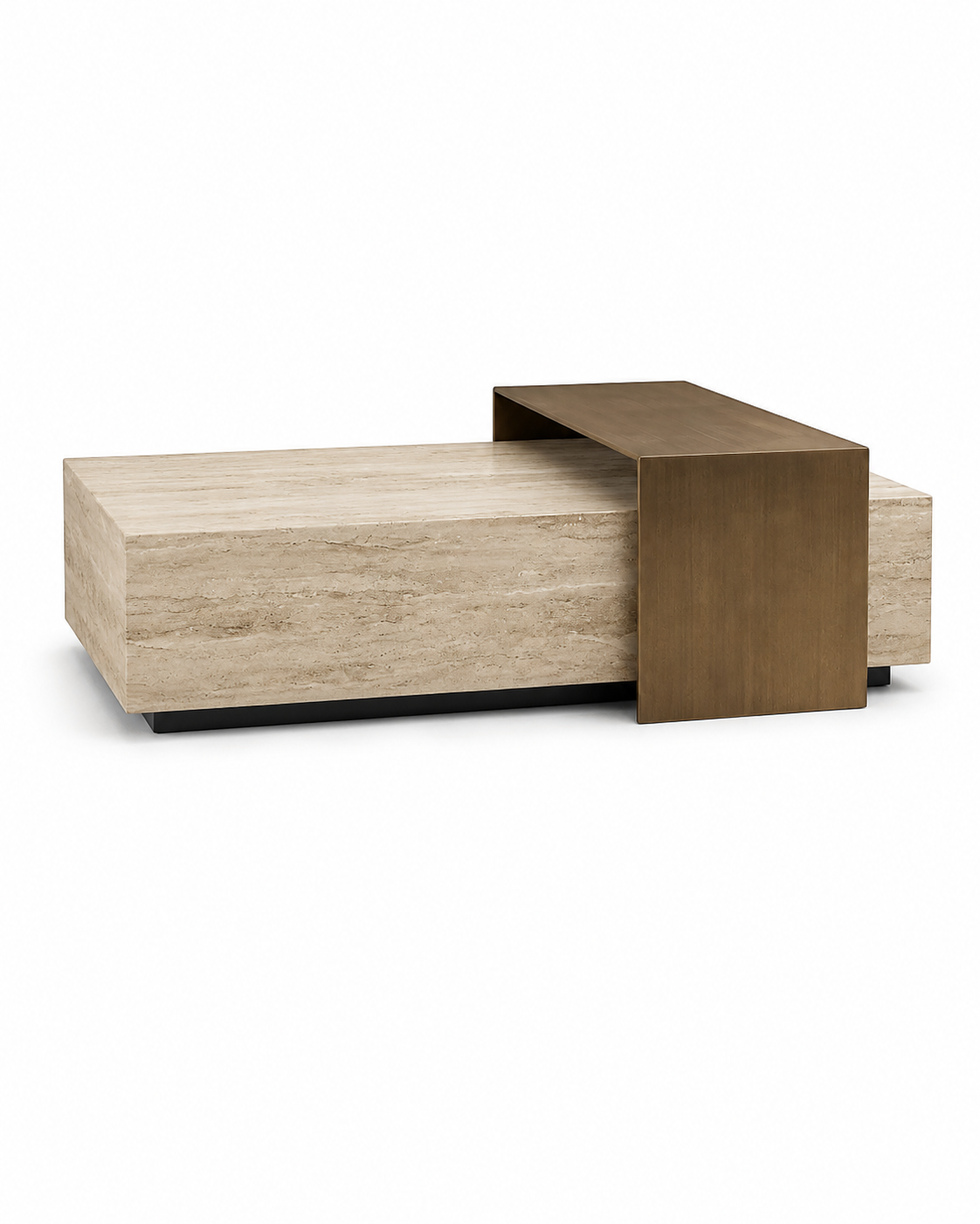ROCHE rectangular travertine-look coffee table with brushed brass bridge by DEKATO LIVING on white background