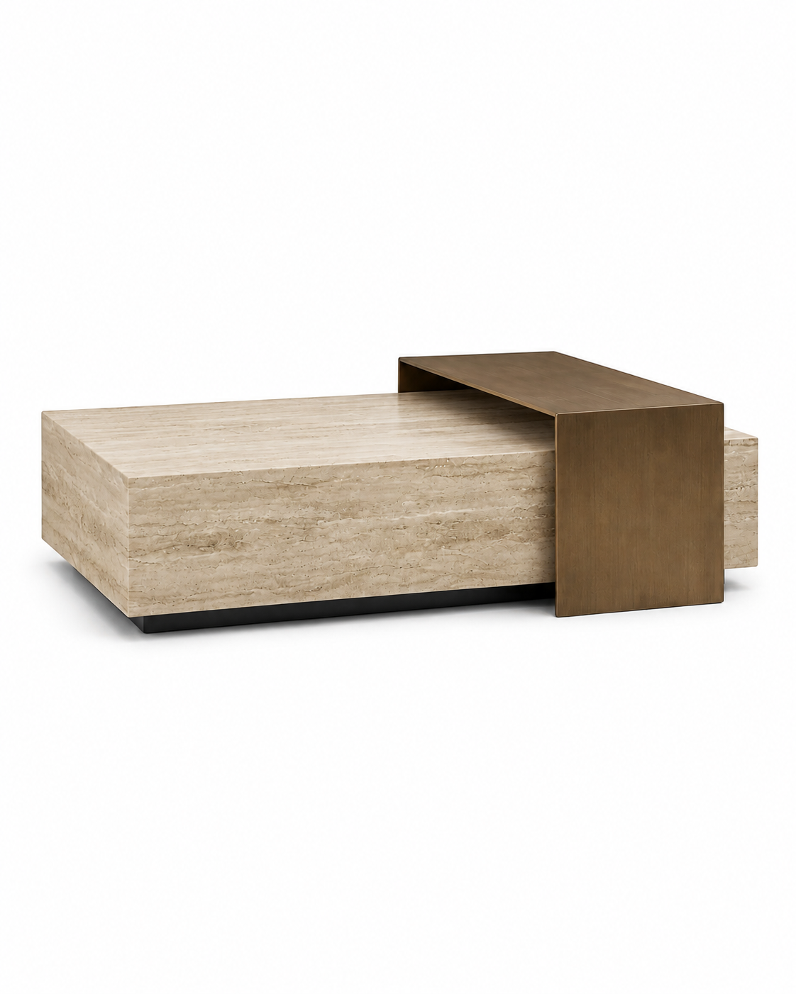 ROCHE travertine-effect ceramic coffee table with elevated brushed brass element by DEKATO LIVING isolated on white background