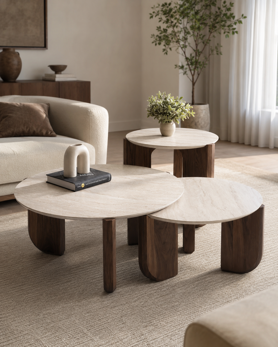 TAVO three-piece coffee table set by DEKATO LIVING in a warm contemporary living room