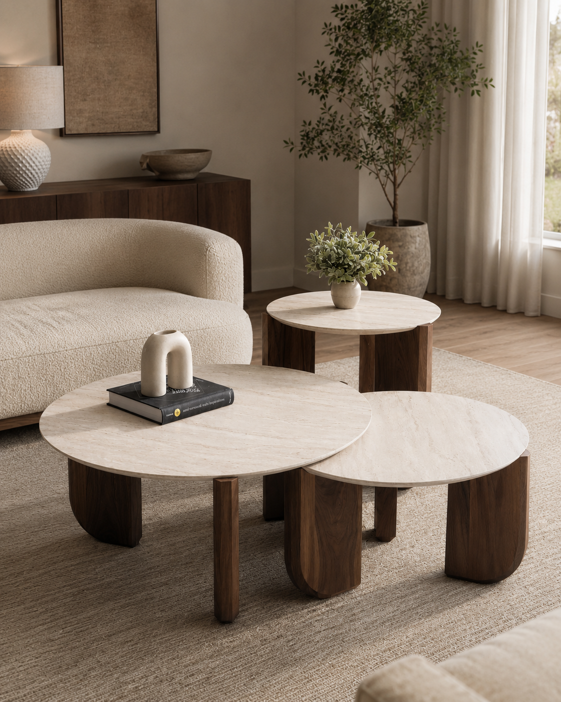 TAVO three-piece coffee table set by DEKATO LIVING in a softly lit modern living room