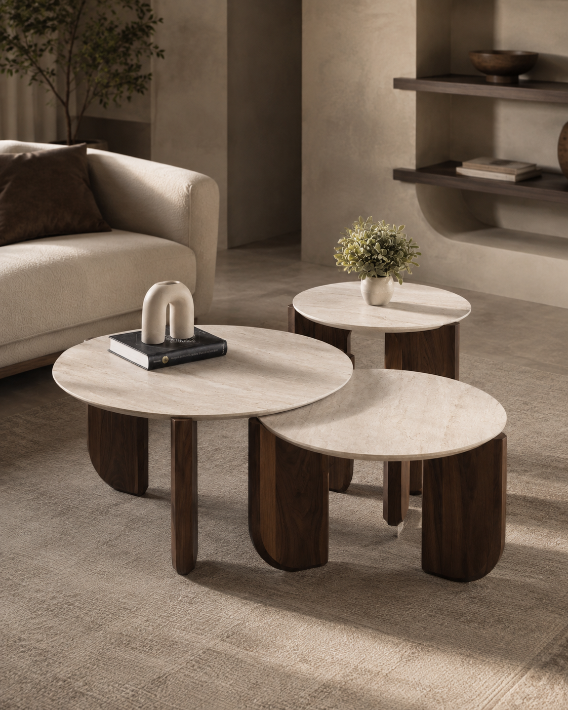 TAVO three-piece coffee table set by DEKATO LIVING styled in a warm modern living space