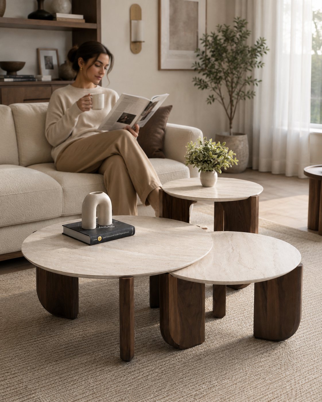 TAVO coffee table set by DEKATO LIVING styled with a woman reading in a modern living room