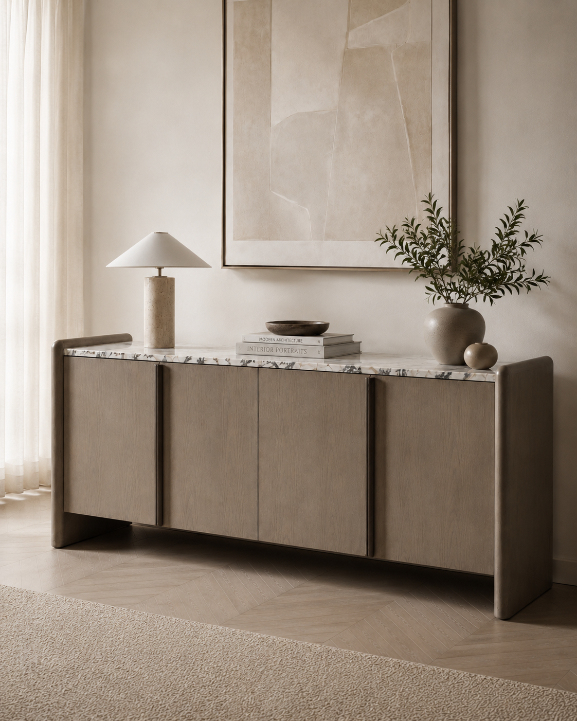 VERO sideboard by DEKATO LIVING in a warm contemporary dining room, featuring a wood veneer body and natural marble top