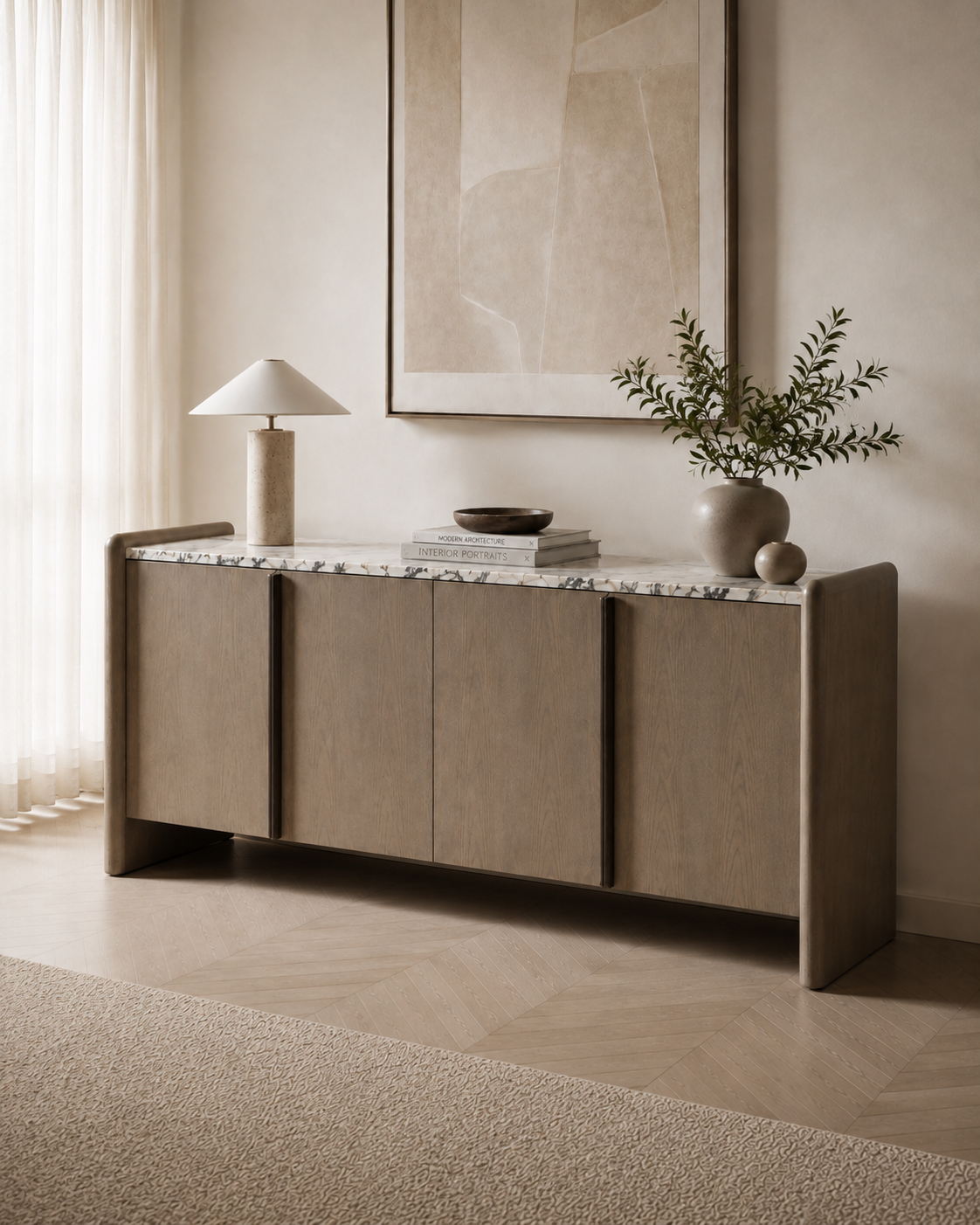 VERO sideboard by DEKATO LIVING with a man standing beside the wood veneer cabinet and marble top in a warm dining room
