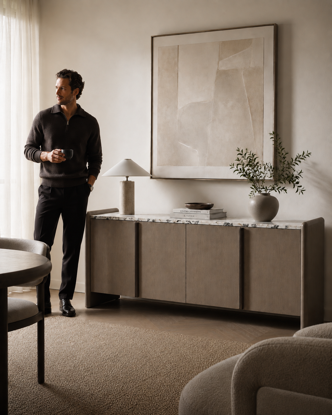 VERO sideboard by DEKATO LIVING styled for entertaining with two people in a warm contemporary dining room
