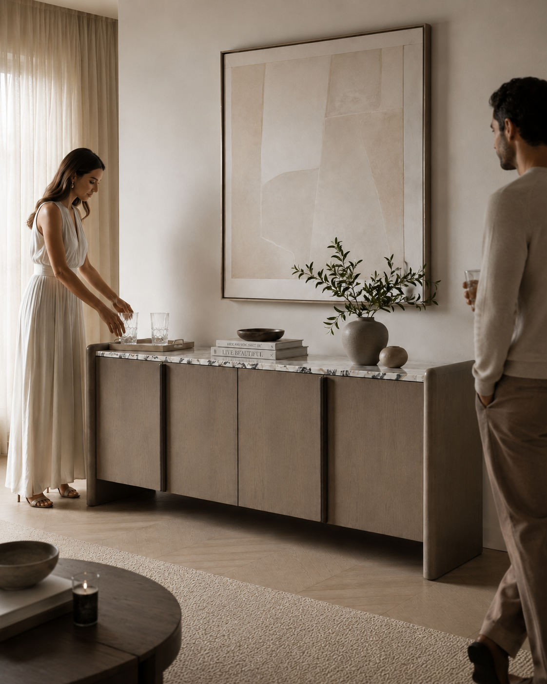 Material detail of VERO sideboard by DEKATO LIVING highlighting wood grain, rounded end panel and veined natural marble top